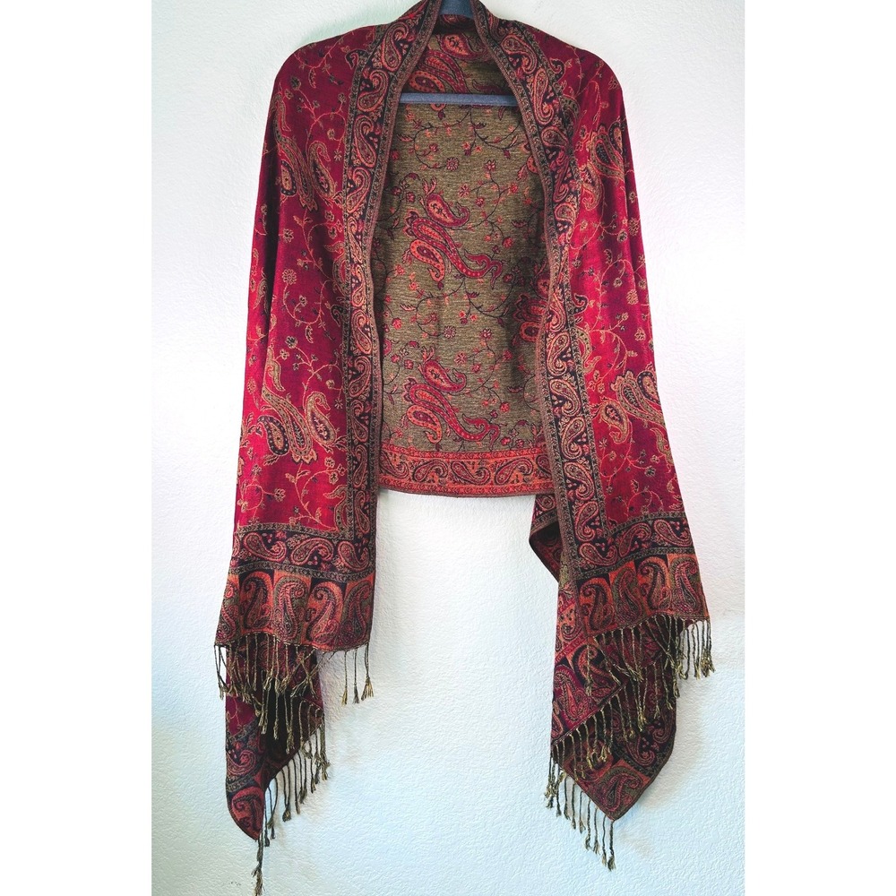 Red Gold Paisley Witchy Vampy Goth Pashmina Shawl Fringe Trim Jacquard Scarf